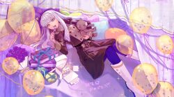 Rule 34 | 1girl, balloon, blue pantyhose, book, boots, bouquet, box, buttons, commentary request, curtains, dated, fire emblem, fire emblem: three houses, flower, fork, garreg mach monastery uniform, gift, gift box, highres, holding, holding fork, iipzeyjhms0dohl, long hair, long sleeves, looking at viewer, lying, lysithea von ordelia, nintendo, open mouth, pantyhose, pillow, pink eyes, purple flower, purple rose, rose, smile, solo, stuffed animal, stuffed toy, teddy bear, teeth, uniform, upper teeth only, white footwear, white hair