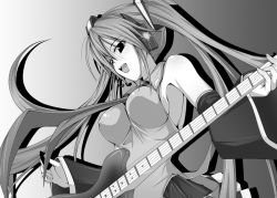 Rule 34 | 1girl, armpits, bare shoulders, breasts, detached sleeves, covered erect nipples, greyscale, guitar, hatsune miku, instrument, long hair, medium breasts, monochrome, open mouth, satofuji masato, smile, solo, twintails, very long hair, vocaloid