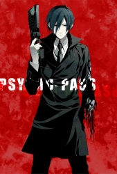 Rule 34 | 10s, 1boy, 8055, black hair, copyright name, cowboy shot, dominator (gun), expressionless, finger on trigger, ginoza nobuchika, highres, long coat, long sleeves, looking at viewer, male focus, mechanical arms, necktie, psycho-pass, red background, single mechanical arm, solo, spoilers, torn clothes