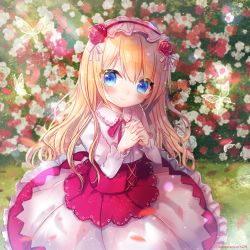 Rule 34 | 1girl, animal, blonde hair, blue eyes, blush, bow, bug, butterfly, closed mouth, collared shirt, commentary request, day, dress shirt, flower, hair between eyes, hair flower, hair ornament, hairband, hands up, highres, insect, kohaku muro, long hair, looking at viewer, original, outdoors, own hands clasped, own hands together, red bow, red flower, red hairband, red rose, rose, rose bush, shirt, skirt, smile, solo, sunlight, twitter username, very long hair, white flower, white rose, white shirt, white skirt