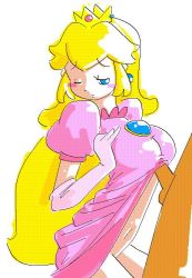 Rule 34 | 1boy, 1girl, blonde hair, blue eyes, blush, bottomless, breasts, clothed female nude male, clothes lift, crown, dress, dress lift, earrings, elbow gloves, gloves, hetero, jewelry, large breasts, long hair, mario (series), minuspal, navel, nintendo, no panties, nude, oekaki, one eye closed, paizuri, paizuri under clothes, penis, princess peach, super mario bros. 1, uncensored, white background, wink