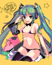Rule 34 | 1girl, :d, aqua hair, bikini, bow, bowtie, commentary, fang, green eyes, hatsune miku, heart, heart-shaped pupils, long hair, looking at viewer, micro bikini, no&#039;mad, open mouth, revealing clothes, smile, solo, speech bubble, star (symbol), sunglasses, swimsuit, symbol-shaped pupils, thighhighs, twintails, very long hair, vocaloid