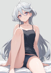 1girl ahoge arm_support bare_arms bare_shoulders bed_sheet black_camisole black_panties breasts cameltoe camisole collarbone commentary_request crotch_seam grey_background grey_eyes grey_hair gundam gundam_suisei_no_majo hair_between_eyes head_tilt highres knee_up light_blush long_hair looking_at_viewer medium_breasts miorine_rembran panties parted_lips ribbon_panties rikudou_inuhiko simple_background sitting solo teeth underwear very_long_hair