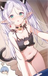 Rule 34 | 1girl, :o, absurdres, alternate costume, animal ears, bell, black bra, black panties, blue hair, bra, breasts, cat cutout, cat ear panties, cat ears, cat lingerie, cat tail, cleavage, clothing cutout, collarbone, commentary request, earrings, fake animal ears, fake tail, frieren, green eyes, highres, himmel (sousou no frieren), jewelry, jingle bell, long hair, looking at viewer, meme attire, misyune, navel, neck bell, panties, small breasts, sousou no frieren, tail, twintails, underwear, underwear only, white hair