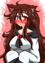 Rule 34 | 1girl, animal ears, blush, breasts, brooch, brown hair, fang, flying sweatdrops, imaizumi kagerou, jewelry, large breasts, long hair, long sleeves, looking at viewer, oversized clothes, red eyes, rindou (p41neko), shirt, skirt, solo, tail, touhou, upper body, very long hair, wide sleeves, wolf ears, wolf tail