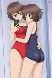 Rule 34 | 2girls, absurdres, acrux, akiyama yoshiko, akiyama yukari, artist logo, ass, blue one-piece swimsuit, breasts, brown eyes, brown hair, cellphone, closed mouth, commentary, covered navel, dated, earrings, english commentary, from behind, girls und panzer, green eyes, half-closed eyes, highres, holding, holding phone, hug, jewelry, looking at viewer, looking back, medium breasts, messy hair, mother and daughter, multiple girls, old school swimsuit, one-piece swimsuit, phone, red one-piece swimsuit, ring, school swimsuit, selfie, short hair, smartphone, smile, standing, stud earrings, swimsuit, wedding ring