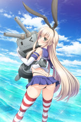 Rule 34 | &gt; o, 10s, 1girl, :3, artist name, ass, black hairband, black panties, blonde hair, blue skirt, blue sky, blush, carrying, cloud, day, elbow gloves, gloves, green eyes, hairband, halhal, highres, kantai collection, long hair, looking at viewer, ocean, one eye closed, panties, rensouhou-chan, shimakaze (kancolle), skirt, sky, striped clothes, striped thighhighs, thighhighs, underwear, white gloves