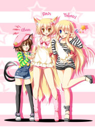 Rule 34 | 3girls, :p, \m/, alternate costume, animal ears, arm grab, blonde hair, blue eyes, boots, brown hair, casual, cat ears, cat girl, cat tail, chen, closed eyes, contemporary, earrings, fashion, female focus, fox ears, fox tail, hair ribbon, hat, highres, holding another&#039;s arm, jewelry, kamiya tomoe, long hair, multiple girls, multiple tails, nail polish, necklace, nekomata, one eye closed, overalls, ribbon, short hair, short shorts, shorts, tail, thighhighs, tongue, tongue out, touhou, two tails, wink, yakumo ran, yakumo yukari, yellow eyes, zettai ryouiki
