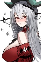 Rule 34 | 1girl, arknights, bare shoulders, blush, breasts, detached collar, dress, from side, green hat, grey hair, hat, highres, horn/wood, large breasts, long hair, looking at viewer, looking to the side, off-shoulder dress, off shoulder, red dress, red eyes, sideboob, simple background, skadi (arknights), skadi the corrupting heart (arknights), solo, upper body, very long hair, white background
