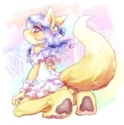 Rule 34 | 1girl, artist request, blue hair, dress, female focus, fox, full body, furry, furry female, gradient background, long hair, multicolored eyes, solo, white background
