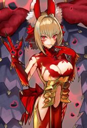 Rule 34 | 1girl, absurdres, animal ear fluff, animal ears, animal hands, aoten (aoiroarekore), bare shoulders, blonde hair, braid, breasts, claws, cleavage, fate/grand order, fate/grand order arcade, fate (series), french braid, highres, large breasts, looking at viewer, nero claudius (fate), nero claudius (fate) (all), queen draco (beast vi/s) (fate), queen draco (fate), red eyes, smile, solo, twitter username