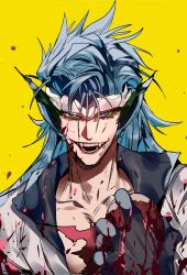 Rule 34 | 1boy, :d, absurdres, arrancar, bleach, blood, blood on face, blood on hands, blood splatter, blue eyes, blue hair, collarbone, collared jacket, crown, evil grin, evil smile, facial mark, fangs, grimmjow jaegerjaquez, grin, guro, hair between eyes, heart, heart (organ), highres, holding, holding heart, jacket, long hair, looking at viewer, male focus, open mouth, pointy ears, resurreccion, scar, scar on chest, smile, solo, upper body, white jacket, xi luo an ya, yellow background