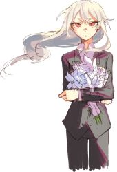 Rule 34 | 1girl, bad id, bad twitter id, black jacket, black pants, blonde hair, bouquet, business suit, commentary, english commentary, floating hair, flower, formal, grey hair, highres, holding, holding bouquet, jacket, long hair, long sleeves, looking at viewer, original, pant suit, pants, parted lips, purple flower, red eyes, simple background, solo, standing, suit, tsu (lovesick1964), white background
