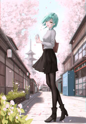 Rule 34 | 1girl, aqua hair, architecture, bag, bang dream!, black footwear, black pantyhose, black skirt, boots, bottle, braid, breasts, building, cherry blossoms, chromatic aberration, commentary, earrings, east asian architecture, english commentary, falling leaves, floating hair, flower, from side, full body, green eyes, grey sweater, hands up, heel up, high heel boots, high heels, highres, hikawa hina, holding, holding bottle, jewelry, lantern, leaf, light particles, long sleeves, looking to the side, medium breasts, medium hair, miniskirt, mixed-language commentary, necklace, outdoors, pagoda, pantyhose, paper lantern, parted lips, pleated skirt, shade, shadow, shoulder bag, side braid, skirt, smile, solo, standing, star (symbol), star earrings, stud earrings, sweater, sweater tucked in, teeth, town, tree, turtleneck, turtleneck sweater, twin braids, upper teeth only, vending machine, water bottle, white flower, yuzuriha (atelier liang)