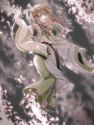 Rule 34 | 1girl, :o, absurdres, apron, arm up, cherry blossoms, chinese commentary, finellen, floral print, flower, frilled apron, frills, full body, girls&#039; frontline, girls&#039; frontline neural cloud, green eyes, green kimono, hair flower, hair ornament, highres, japanese clothes, kimono, light brown hair, long hair, looking at viewer, open mouth, sakuya (neural cloud), solo, white apron, wide sleeves