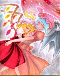 Rule 34 | 2girls, arm up, ascot, bat wings, blonde hair, blouse, blue hair, bobby socks, dress shirt, dutch angle, fang, female focus, flandre scarlet, frills, fudi namiko, full moon, grey background, hand on another&#039;s chest, hand on own hip, hat, hat ribbon, hip focus, hug, light smile, looking away, marker (medium), milliped (medium), millipen (medium), moon, multiple girls, pastel (medium), puffy sleeves, red eyes, red moon, remilia scarlet, ribbon, shirt, short hair, short sleeves, siblings, side ponytail, sisters, skirt, smile, socks, touhou, traditional media, vest, white legwear, wings