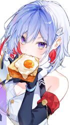 Rule 34 | 1girl, absurdres, black gloves, blue hair, bread, bread slice, breasts, button gap, cleavage, collared shirt, elbow gloves, food, food in mouth, fried egg, fried egg on toast, gloves, highres, holding, holding food, honkai (series), honkai impact 3rd, large pectorals, looking at viewer, medium breasts, nong 345, numby (honkai: star rail), pectorals, purple hair, shirt, simple background, solo, teeth, toast, topaz (honkai: star rail), trotter (honkai: star rail), upper teeth only, white background, white shirt