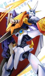 Rule 34 | 1boy, arm cannon, armor, bandai, cannon, cape, digimon, full armor, horns, male focus, monster, no humans, omegamon, royal knights, sword, weapon