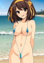 Rule 34 | :d, ai-assisted, arms behind back, bare arms, bare shoulders, beach, bikini, blue bikini, breasts, brown eyes, brown hair, collarbone, commentary, cowboy shot, dot nose, gluteal fold, hairband, haruhisky, highleg, highleg leotard, highres, legs apart, leotard, medium breasts, medium hair, micro bikini, navel, open mouth, outdoors, palm tree, revealing clothes, ribbon, sand, sky, slingshot swimsuit, smile, suzumiya haruhi, suzumiya haruhi no yuuutsu, sweat, swimsuit, teeth, thighs, tree, upper teeth only, waves, yellow hairband, yellow ribbon