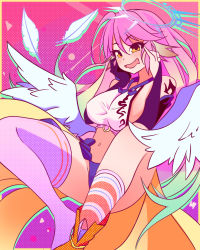 Rule 34 | absurdres, asymmetrical legwear, colorful, dai, feathered wings, highres, jibril (no game no life), long hair, mismatched legwear, multicolored hair, no game no life, pink hair, tattoo, thighhighs, wings, yellow eyes