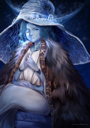 Rule 34 | 1girl, absurdres, blue eyes, blue hair, blue skin, cape, cloak, colored skin, cracked skin, doll joints, elden ring, extra arms, extra faces, fur cape, fur cloak, glowing tattoo, hat, highres, joints, large hat, looking at viewer, maen.chan, one eye closed, ranni the witch, sitting, solo, witch, witch hat