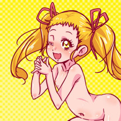 Rule 34 | 00s, 1girl, ;d, blonde hair, blush, breasts, checkered background, dot (poni taoyaka), female focus, hair ribbon, interlocked fingers, kasugano urara (yes! precure 5), leaning forward, long hair, navel, nipples, nude, one eye closed, open mouth, own hands together, precure, ribbon, small breasts, smile, solo, twintails, wink, yellow background, yellow eyes, yes! precure 5