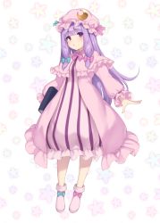 Rule 34 | 1girl, absurdres, blue bow, blunt bangs, blush, book, bow, capelet, closed mouth, commentary request, crescent, dress, floral background, footwear bow, frilled capelet, frilled dress, frilled sleeves, frills, full body, hair bow, hat, hat ribbon, highres, holding, holding book, long hair, long sleeves, looking at viewer, mob cap, patchouli knowledge, pink bow, pink dress, pink footwear, pink hat, pokachu, puckered lips, purple eyes, purple hair, ribbon, shoes, sidelocks, solo, standing, striped clothes, striped dress, touhou, very long hair