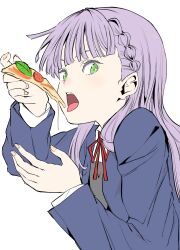 Rule 34 | 1girl, absurdres, blue jacket, blunt bangs, commentary request, dress, eating, food, green eyes, grey dress, highres, holding, holding food, holding pizza, jacket, long hair, long sleeves, looking at viewer, love live!, love live! superstar!!, neck ribbon, open clothes, open jacket, open mouth, pizza, purple hair, red ribbon, ribbon, school uniform, shirt, solo, tommer, upper body, white background, white shirt, wien margarete, winter uniform, yuigaoka school uniform