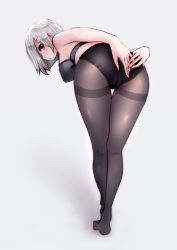 Rule 34 | 1girl, bent over, black bra, black panties, blue eyes, bra, breasts, commentary request, covering privates, covering ass, from behind, full body, grey background, hair ornament, hairclip, hamakaze (kancolle), highres, kantai collection, lace, lace-trimmed bra, lace-trimmed panties, lace trim, large breasts, looking at viewer, looking back, panties, panties under pantyhose, pantyhose, parted lips, short hair, silver hair, simple background, solo, souryu, standing, thigh gap, thighband pantyhose, underwear, underwear only