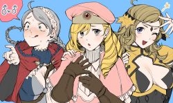 Rule 34 | 1boy, 2girls, ahoge, bad id, bad pixiv id, between breasts, black gloves, blonde hair, blue background, blue eyes, blush, braid, breasts, brown gloves, capelet, cleavage, cleavage cutout, clothing cutout, crazy eyes, drill hair, echigoya takeru, elbow gloves, fire emblem, fire emblem fates, forrest (fire emblem), fujoshi, gloves, grey eyes, hairband, hand on another&#039;s shoulder, hat, highres, leather, leather gloves, leotard, licking lips, long hair, looking at viewer, mars symbol, medium breasts, multiple girls, nina (fire emblem), nintendo, open mouth, ophelia (fire emblem), pink hat, pointing, ribbed sweater, short hair with long locks, silver hair, simple background, spoken mars symbol, star (symbol), strap between breasts, sweat, sweater, tongue, tongue out, trap, turtleneck, twin braids, upper body