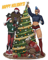 Rule 34 | 1boy, 3girls, abs, blue eyes, blue hair, blue sweater, bodysuit, boots, box, braid, breikka, brown lips, christmas, christmas sweater, christmas tree, clothes writing, coffee mug, commentary, cropped sweater, cup, cyborg, dark-skinned female, dark skin, dreadlocks, earrings, english commentary, eyebrow piercing, facial tattoo, full body, gift, gift box, green hair, green sweater, grey hair, happy holidays, hat, highres, holding, holding cup, jewelry, joints, junker queen (overwatch), kiriko (overwatch), kneeling, lip piercing, lip ring, low twin braids, mechanical arms, mechanical legs, medium hair, midriff, mug, multiple girls, nose, omnic, overwatch, overwatch 2, piercing, ramattra (overwatch), red eyes, red footwear, red headwear, red shorts, red sweater, robot, santa hat, scarf, shoes, shorts, sneakers, socks, sojourn (overwatch), studded choker, sweater, tall female, tattoo, thick thighs, thigh boots, thighs, turtleneck, turtleneck sweater, twin braids, very dark skin, white socks