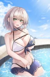 Rule 34 | 1girl, bare arms, bare shoulders, bikini, blush, breasts, cleavage, green eyes, highres, hololive, large breasts, miniskirt, mole, mole on breast, open mouth, pleated skirt, pool, reichidad, shirogane noel, shirogane noel (summer 2020), silver hair, skirt, smile, solo, swimsuit, teeth, upper teeth only, virtual youtuber