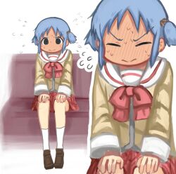 Rule 34 | 1girl, blue hair, blush, closed eyes, closed mouth, cube hair ornament, flying sweatdrops, full-face blush, furrowed brow, hair ornament, hands on own knees, highres, kyoto animation, multiple views, naganohara mio, naganoharamiomio, nichijou, school uniform, short twintails, sitting, subway, sweat, tokisadame school uniform, twintails