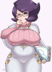 Rule 34 | 1girl, artist name, artsheops, big hair, breasts, buttons, capelet, closed mouth, commentary, cowboy shot, creatures (company), english commentary, eyelashes, game freak, glasses, green eyes, grey background, hand up, heart, heart-shaped pupils, high-waist skirt, highres, holding, long sleeves, looking at viewer, medium skirt, muffin top, nintendo, pencil skirt, pink-framed eyewear, pink sweater, poke ball print, pokemon, pokemon sm, purple hair, ribbed sweater, skirt, sleeves past wrists, smile, solo, sweater, symbol-shaped pupils, watermark, white capelet, white skirt, wicke (pokemon)