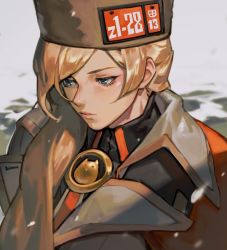 Rule 34 | 1girl, arc system works, blonde hair, blue eyes, brown hat, collar, collared shirt, eyelashes, fur hat, guilty gear, guilty gear strive, hair over one eye, hat, jacket, lips, long hair, millia rage, shirt, snow, solo, uncle rabbit ii, ushanka