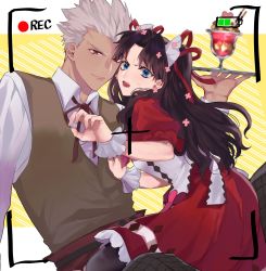 Rule 34 | 1boy, 1girl, alternate costume, alternate hairstyle, annoyed, apron, archer (fate), bad id, bad twitter id, black hair, black legwear, black ribbon, blue eyes, brown vest, collared shirt, commentary request, dark-skinned male, dark skin, dress, earrings, fate/stay night, fate (series), frills, grey hair, hair ribbon, highres, holding, holding tray, jewelry, long hair, long sleeves, looking at viewer, neck ribbon, on lap, open mouth, puffy short sleeves, puffy sleeves, recording, red dress, red ribbon, ribbon, shimatori (sanyyyy), shirt, short hair, short sleeves, sitting, sitting on person, striped, striped background, teeth, tohsaka rin, tray, two side up, upper teeth only, vertical stripes, vest, white apron, white hair, white shirt, wrist cuffs, yellow background