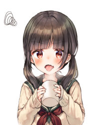 Rule 34 | 1girl, black hair, blush, brown sweater, commentary request, cup, fang, green sailor collar, green shirt, holding, holding cup, long hair, long sleeves, looking at viewer, midorikawa you, mug, neckerchief, open mouth, original, red eyes, red neckerchief, sailor collar, school uniform, serafuku, shirt, simple background, sleeves past wrists, solo, squiggle, steam, sweater, tears, tongue, tongue out, twintails, upper body, white background