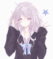 Rule 34 | 1girl, ahoge, arm up, bad id, bad pixiv id, black sweater, blue bow, blue eyes, blue nails, blush, bow, buran (kure), closed mouth, collarbone, collared shirt, commentary request, fingernails, grey background, hair between eyes, hand up, head tilt, highres, long sleeves, nail polish, one eye closed, original, shirt, simple background, sleeves past wrists, solo, star (symbol), sweater, upper body, v, white shirt