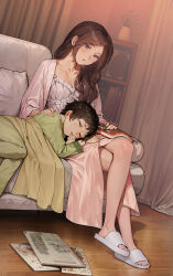 Rule 34 | 1boy, 1girl, absurdres, age difference, black hair, blush, book, bookshelf, breasts, brown eyes, brown hair, cleavage, closed eyes, closed mouth, collarbone, couch, crossed legs, curtains, green pajamas, hand on another&#039;s shoulder, highres, indoors, lap pillow, living room, long hair, long sleeves, magazine (object), mature female, mother and son, nightgown, on couch, open mouth, original, pajamas, parted hair, pillow, pink pajamas, plant, potted plant, purple eyes, short hair, sleeping, slippers, white footwear, white nightgown, wooden floor, yewang19
