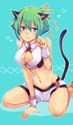 Rule 34 | 10s, 1girl, animal ears, aquarion (series), aquarion evol, argyle, argyle clothes, argyle cutout, blue eyes, breasts, cat ears, cat tail, cleavage, cleavage cutout, clothing cutout, green hair, highres, kemonomimi mode, large breasts, midriff, navel, shishina, short hair, short shorts, shorts, sitting, solo, tail, wariza, zessica wong