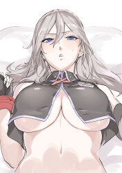 Rule 34 | 1girl, absurdres, alisa ilinichina amiella, bare shoulders, bed sheet, black vest, blue eyes, bracer, breasts, closed mouth, collared vest, commentary request, cropped vest, fingerless gloves, gloves, god eater, god eater burst, grey hair, hair between eyes, highres, large breasts, long hair, looking at viewer, lying, mogi yasunobu, navel, no headwear, on back, parted lips, pillow, sidelocks, simple background, sketch, solo, stomach, sweat, underboob, upper body, vest, white background