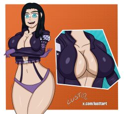 Rule 34 | artist name, black hair, blue eyes, breasts, cleavage, egghead island, happy, highres, large breasts, lust (artist), motion lines, nico robin, nico robin (egghead), one piece, open mouth, revealing clothes, self-upload, watermark, web address