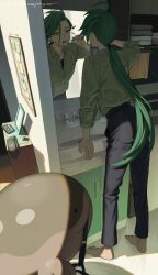 Rule 34 | 1girl, ahoge, androgynous, artist name, barefoot, bathroom, black pants, bright pupils, brushing teeth, bulletin board, clodsire, collared shirt, commentary, creatures (company), day, facing away, from behind, full body, game freak, gloves, green hair, highres, holding, holding toothbrush, indoors, long hair, low ponytail, mame moyashi, mirror, morning, mouth hold, nintendo, open mouth, pants, piercing removed, poke ball, pokemon, pokemon (creature), pokemon sv, red eyes, reflection, rika (pokemon), shirt, shirt tucked in, signature, sink, solo, standing, suspenders removed, swept bangs, toothbrush, towel, unworn gloves, white pupils