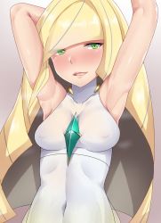 Rule 34 | 10s, 1girl, armpits, arms up, bad id, bad pixiv id, blonde hair, blush, breasts, covered erect nipples, covered navel, creatures (company), dress, game freak, green eyes, hair over one eye, highres, long hair, looking at viewer, lusamine (pokemon), md5 mismatch, nintendo, open mouth, pokemon, pokemon sm, shinkuso-kun, small breasts, smile, solo, steam, very long hair