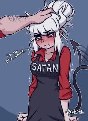 Rule 34 | 1boy, 1girl, apron, blunt bangs, blush, breasts, closed mouth, commentary, demon girl, demon horns, demon tail, english commentary, english text, headpat, helltaker, horns, large breasts, lucifer (helltaker), mole, mole under eye, outline, pout, red eyes, rob ishi, solo focus, tail, tail wagging, tearing up, trembling, twitter username, white hair, white outline
