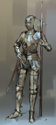 Rule 34 | 1other, ambiguous gender, armor, armored boots, belt, boots, breastplate, brown background, chainmail, covered face, full armor, full body, gauntlets, gloves, gradient background, grey footwear, grey gloves, grey headwear, grey theme, halberd, hand on own hip, hand up, helm, helmet, highres, holding, holding polearm, holding weapon, monochrome, nisetanaka, original, other focus, polearm, sheath, sheathed, shiny clothes, shoulder armor, simple background, sketch, solo, standing, sword, weapon