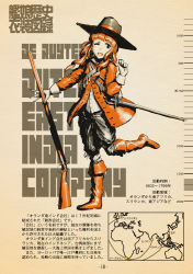 Rule 34 | 1girl, alternate costume, blunt bangs, boots, braid, character name, choufu shimin, curly hair, de ruyter (kancolle), gloves, gun, hat, holding, holding gun, holding weapon, kantai collection, long hair, long sleeves, map, military, military uniform, musket, one eye closed, red hair, scabbard, sheath, sheathed, side braid, solo, standing, standing on one leg, sword, translation request, uniform, weapon