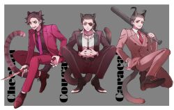 Rule 34 | 3boys, animal ears, baseball bat, belt, black belt, black eyes, black footwear, black hair, black jacket, black nails, black pants, black shirt, brown footwear, cat boy, cat ears, cat tail, collared shirt, dagger, ear piercing, eyepatch, fang, fingernails, full body, grey hair, hair pulled back, highres, holding, holding baseball bat, holding dagger, holding knife, holding weapon, jacket, jewelry, knife, long hair, majima goro, male focus, me 8jo, multiple boys, necklace, necktie, nishitani homare, on one knee, one eye covered, open mouth, own hands together, pants, piercing, pink jacket, pink pants, ponytail, red jacket, red necktie, red pants, ryuu ga gotoku (series), ryuu ga gotoku 0, sagawa tsukasa, sharp fingernails, shirt, shoes, short hair, sitting, skin fang, smile, squatting, tail, v-shaped eyebrows, weapon, white shirt