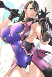Rule 34 | 1girl, adjusting eyewear, black hair, breasts, cameltoe, cattleya (queen&#039;s blade), cleft of venus, glasses, gloves, green eyes, highres, huge breasts, impossible clothes, kotoyoshi yumisuke, mature female, ponytail, queen&#039;s blade, skin tight, solo, sword, weapon, weapon merchant cattleya