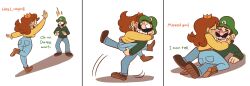 Rule 34 | 1boy, 1girl, 3panels, alternate costume, ass, beige skin, blush, boots, brown hair, clinging, crown, denim, earrings, embarrassed, english text, facial hair, full body, girl on top, hat, hetero, jeans, jewelry, jumping, kiss, luigi, mario (series), mustache, nintendo, pants, princess daisy, sarah sketches, scared, shoes, surprised, sweater, white background